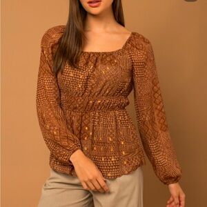 BOUTIQUE Brown and Gold pattern Babydoll long sleeve